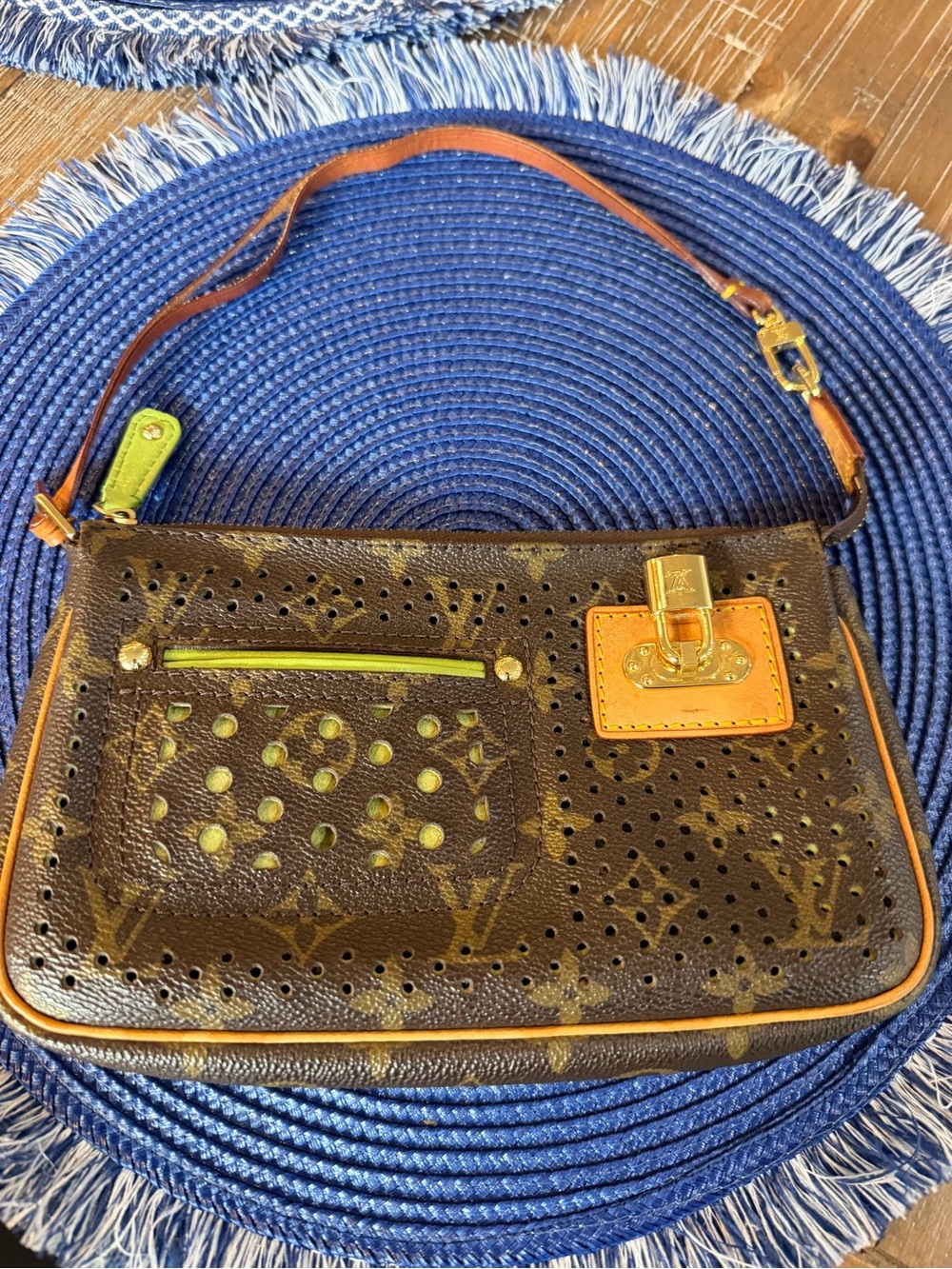Louis Vuitton Brown Leather Shoulder Bag with Perforated Detail and Lime Accents
